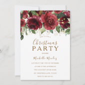 バーガンディーレッドフラワーズ金ゴールドグリッタークリスマスパーティー 招待状 (正面)