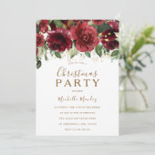 バーガンディーレッドフラワーズ金ゴールドグリッタークリスマスパーティー 招待状 (スタンド正面)