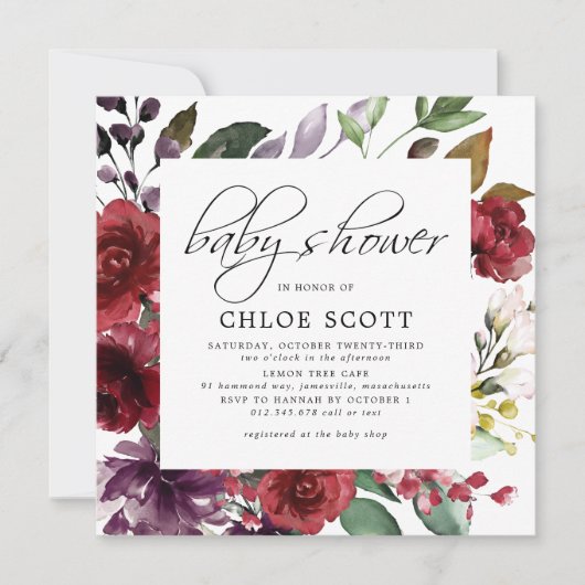 バーガンディーレッドフローラスクエアベイビーシャワー 招待状 (正面)