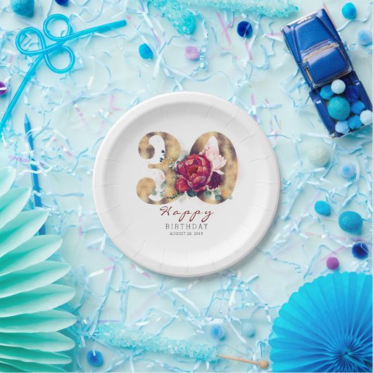 バーガンディーレッドフローラタイポグラフィ30th Birthday ペーパープレート (パーティー)