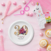 バーガンディーレッドフローラタイポグラフィ30th Birthday ペーパープレート (パーティー)