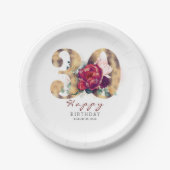 バーガンディーレッドフローラタイポグラフィ30th Birthday ペーパープレート (正面)