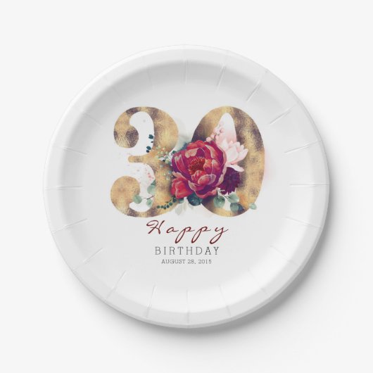 バーガンディーレッドフローラタイポグラフィ30th Birthday ペーパープレート (正面)