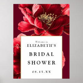 バーガンディーレッドフローラブライダルシャワーウェルカムサイン ポスター