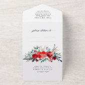 バーガンディーレッドフローラホリー水彩写真結婚の写真 オールインワン招待状 (外側)