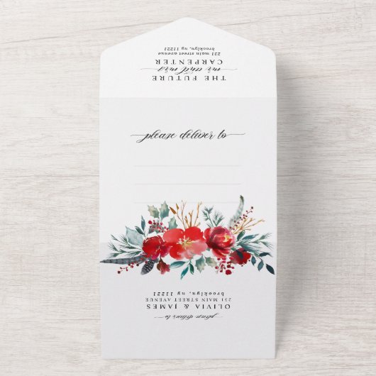 バーガンディーレッドフローラホリー水彩写真結婚の写真 オールインワン招待状 (外側)