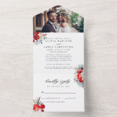 バーガンディーレッドフローラホリー水彩写真結婚の写真 オールインワン招待状 (内側)
