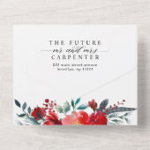 バーガンディーレッドフローラホリー水彩写真結婚の写真 オールインワン招待状 (裏面)