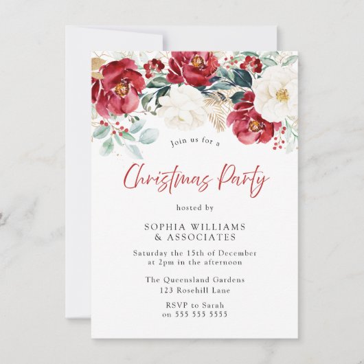 バーガンディーレッドフローラワークス企業のクリスマパーティー 招待状 (正面)