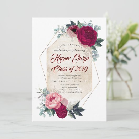 バーガンディーレッドフローラ幾何学秋卒業 招待状 (スタンド正面)