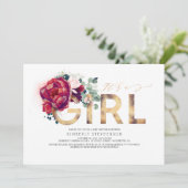 バーガンディーレッドフローラ金ゴールドグリッターベビーシャワー 招待状 (スタンド正面)