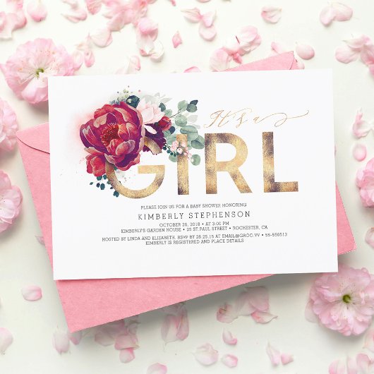 バーガンディーレッドフローラ金ゴールドグリッターベビーシャワー 招待状