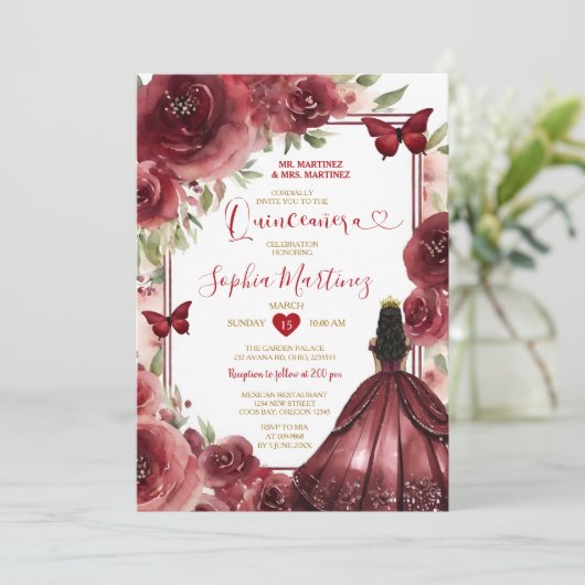 バーガンディーレッドプリンセスドレスフラワーズキンセアニラ 招待状 (スタンド正面)