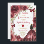 バーガンディーレッドプリンセスドレスフラワーズキンセアニラ 招待状<br><div class="desc">バーガンディ赤プリンセスドレスフラワーカーキンチェニェラ招待状ミスカンス15アノス、16誕生日、</div>