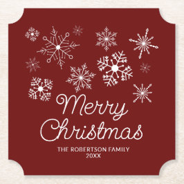 バーガンディーレッドホワイトスノーフレークスクリスマスパーティー ペーパーコースター