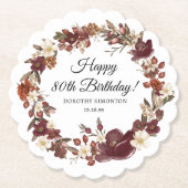 バーガンディーレッドマウヴ秋花花80誕生日 ペーパーコースター (正面)