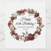 バーガンディーレッドマウヴ秋花花80誕生日 ワインラベル (シングルラベル)