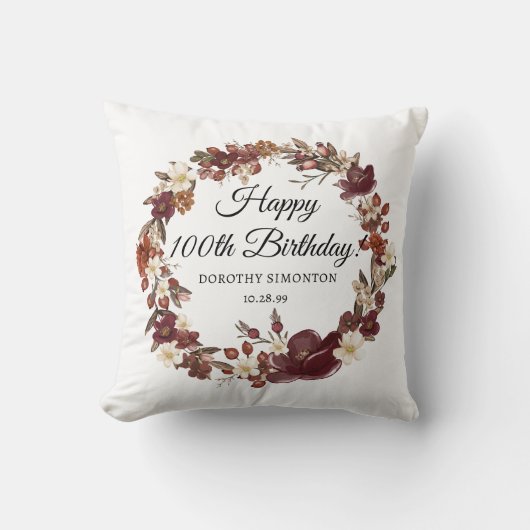 バーガンディーレッドマウヴ秋花100誕生日 クッション (正面)
