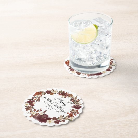 バーガンディーレッドマウヴ秋花100誕生日 ペーパーコースター (インサイチュ)