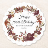 バーガンディーレッドマウヴ秋花100誕生日 ペーパーコースター (正面)
