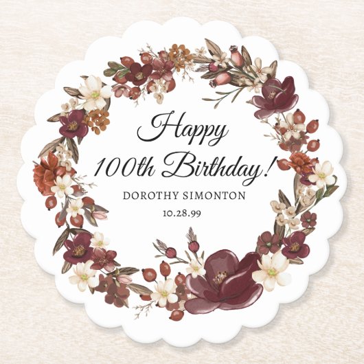 バーガンディーレッドマウヴ秋花100誕生日 ペーパーコースター (正面)