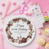 バーガンディーレッドマウヴ秋花100誕生日 ペーパープレート (パーティー)