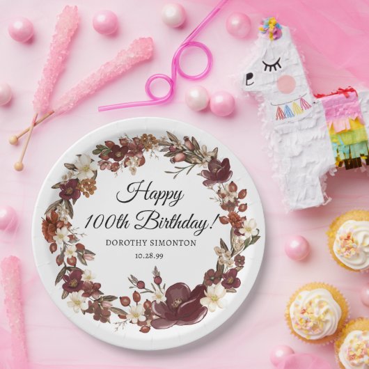 バーガンディーレッドマウヴ秋花100誕生日 ペーパープレート (パーティー)