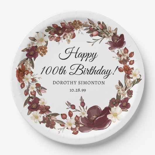 バーガンディーレッドマウヴ秋花100誕生日 ペーパープレート (正面)