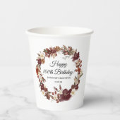 バーガンディーレッドマウヴ秋花100誕生日 紙コップ (正面)