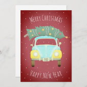 バーガンディーレッドレトロカークリスマスツリーカスタム年 シーズンカード (正面/裏面)