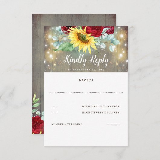 バーガンディーレッドローズアンドサンフラワーズ秋の結婚式RSVP 出欠カード (正面/裏面)
