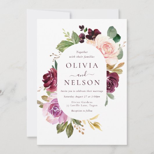 バーガンディーレッドワイン&赤面フローラフレーム結婚ズ 招待状 (正面)