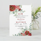 バーガンディーレッド赤面グリーンリーエレガントな結婚式 招待状 (スタンド正面)