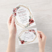 バーガンディーレッド赤面ピンクフローラジオメト結婚リ オールインワン招待状 (貼ってはがせる)