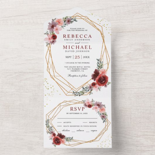 バーガンディーレッド赤面ピンクフローラジオメト結婚リ オールインワン招待状 (内側)