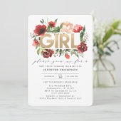 バーガンディーレッド赤面フローラ金ゴールドグリッターベビーシャワー 招待状 (スタンド正面)