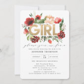 バーガンディーレッド赤面フローラ金ゴールドグリッターベビーシャワー 招待状 (正面)