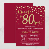 バーガンディーレッド金ゴールドサプライズ80誕生日ダイヤモンド 招待状 (正面/裏面)