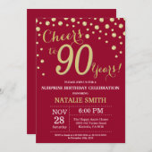 バーガンディーレッド金ゴールドサプライズ90誕生日ダイヤモンド 招待状 (正面/裏面)