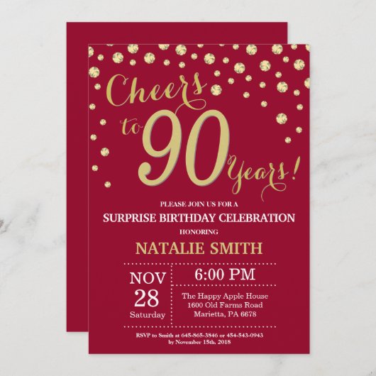 バーガンディーレッド金ゴールドサプライズ90誕生日ダイヤモンド 招待状 (正面/裏面)