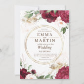 バーガンディーレッド金ゴールドバラフラワーエレガントな結婚式 招待状 (正面)