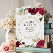 バーガンディーレッド金ゴールドバラフラワーエレガントな結婚式 招待状