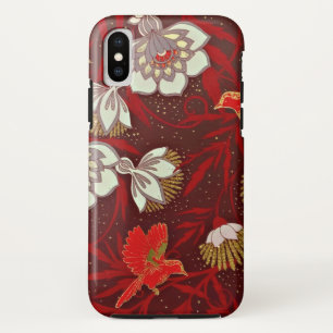 バーガンディーレッド金ゴールドバードフラワーズグリッター iPhone X ケース