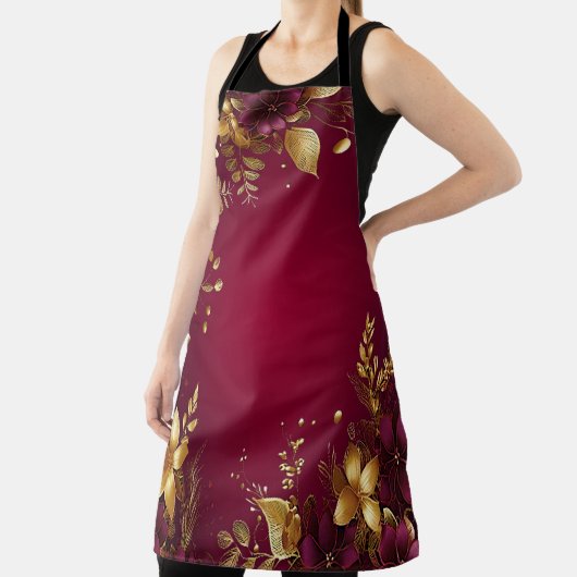 バーガンディーレッド金ゴールドフラワーズホリデーエプロン エプロン (インサイチュ)