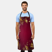 バーガンディーレッド金ゴールドフラワーズホリデーエプロン エプロン (着用した状態)
