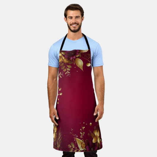 バーガンディーレッド金ゴールドフラワーズホリデーエプロン エプロン (着用した状態)