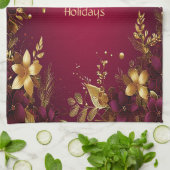 バーガンディーレッド金ゴールドフラワーズホリデーキッチンタオル キッチンタオル (折り畳み)