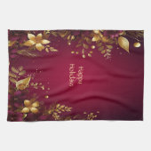 バーガンディーレッド金ゴールドフラワーズホリデーキッチンタオル キッチンタオル (横)