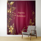 バーガンディーレッド金ゴールドフラワーズホリデーバックドロップ タペストリー (インサイチュ)