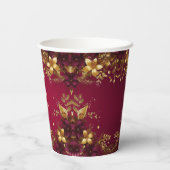 バーガンディーレッド金ゴールドフラワーズホリデー紙カップ 紙コップ (裏面)